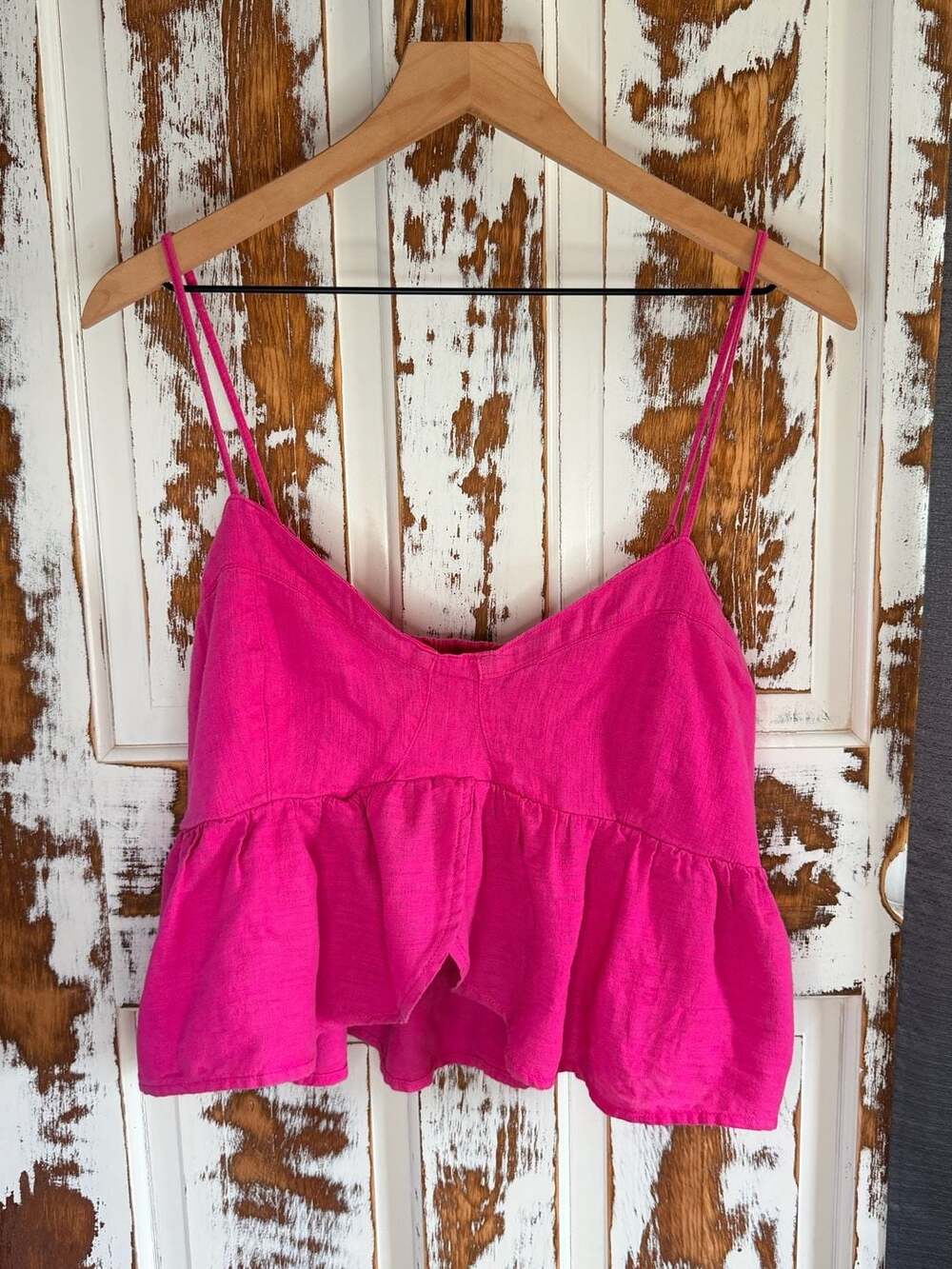 ☀️American Eagle Cami Top Hot Pink Linen-Blend Babydoll Peplum Coastal Boho